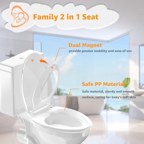 White Elongated Potty Training Toilet Seat with Baby Seat 2-in-1 - Soft Close & Magnetic Absorption