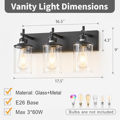 3-Light Black Bathroom Vanity Light Fixture with Clear Glass Shades - Modern Farmhouse Style - Variation: Black / 3-Light