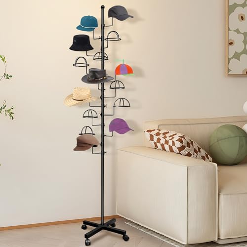 Black Montex Hat Rack Stand with 16 Rotatable Circular Hooks, Space-Saving Display