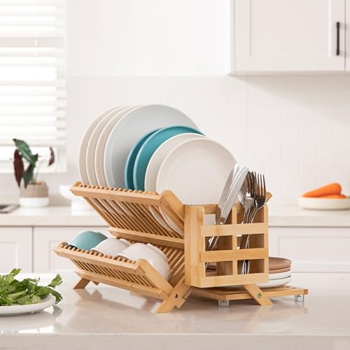 Bambooa 3-Tier Collapsible Bamboo Dish Drying Rack with Utensil Holder