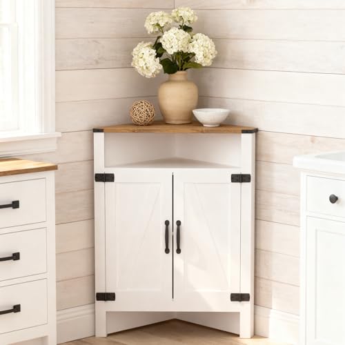 M METERXITY Bathroom Corner Cabinet with Barn Doors - Adjustable Shelf - Rustic Farmhouse Style - Compact Storage