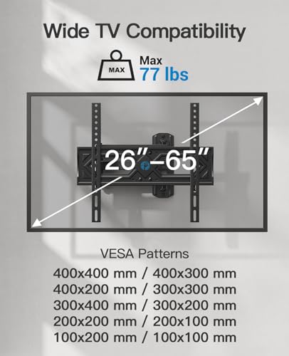 Pipishell Full Motion TV Wall Mount 26-65 Inch Up to 77 lbs - Adjustable Swivel & Tilt