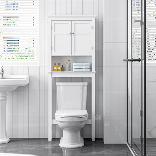 Over Toilet Storage Cabinet with Doors and Adjustable Shelf - White Bathroom Organizer