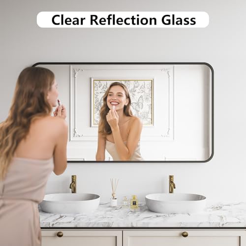 30x55 Inch Black Metal Framed Bathroom Mirror - Tempered Glass, Anti-Rust, Rounded Rectangle