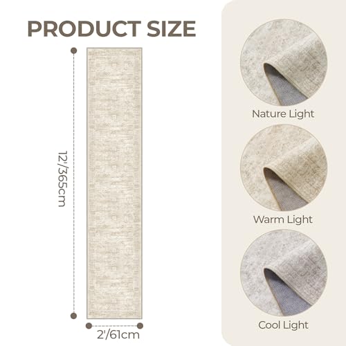 Beige Non-Slip Washable Runner Rug 2x12 ft Hallway Floor Mat - Ivory Option