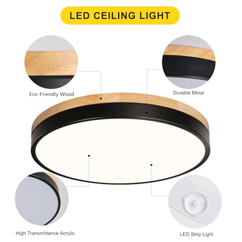 Black Wood Flush Mount Ceiling Light 11.81 Inch Non-Dimmable Modern Design