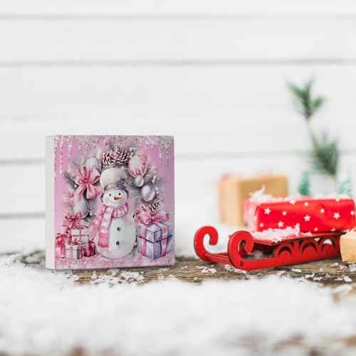 Pink Christmas Wooden Sign - Coquette Christmas Snowman Wooden Box Sign,Preppy Snowman Wooden Box Sign Christmas Desk Decor For Bedroom Living Room House Decorations,5x5 Inch