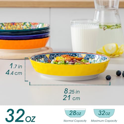 Bohemian 32 Oz Pasta & Salad Bowls Set of 6 - Vibrant Ceramic Dinnerware