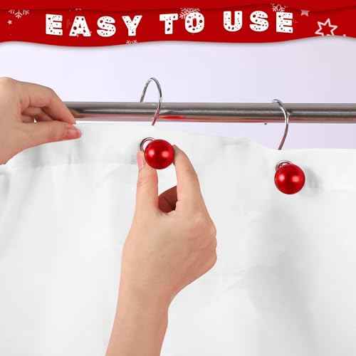 12 Pcs Christmas Ball Shower Curtain Hooks Ball Ornament Shower Christmas Curtain Rings Holiday Hooks Decorative Holiday Bathroom Accessories for Winter Bathroom Decoration(Red)