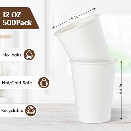 White 12 OZ Disposable Paper Coffee Cups with Lids - 500 Pack