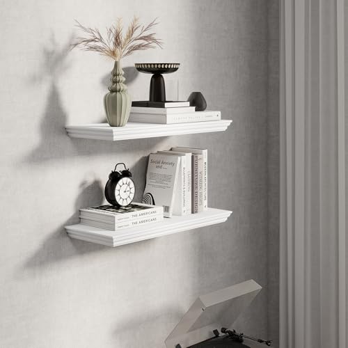 Fun Memories 24-Inch White Crown Molding Floating Shelves Set of 2 Wall Decor