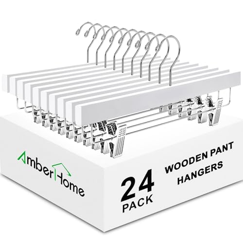 White Wooden Pants Hangers with Adjustable Clips - 24 Pack, 14 Inches, Variation of 24 / White