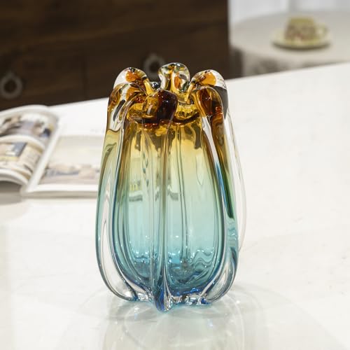 Modern Hand Blown Glass Flower Vase - Unique Art Deco Home Decor, 9.45 Inches