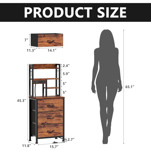 Furnulem 45.3-Inch Rustic Brown 3-Drawer Tall Nightstand with LED Lights & Charging Station
