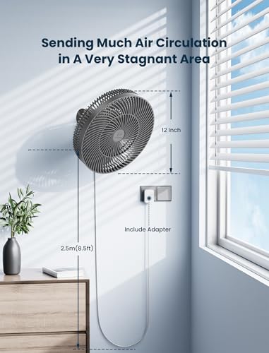 Grey Frame 12-Inch Wall-Mounted Oscillating Fan with Remote & Timer