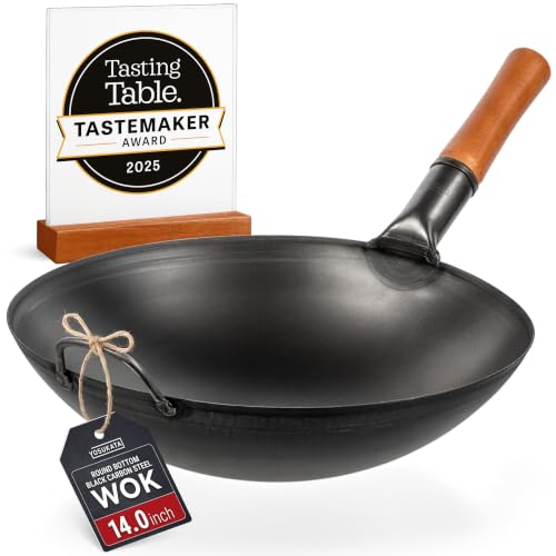 14-Inch Carbon Steel Wok with Round Bottom - Pre-Seasoned, High Heat Cooking