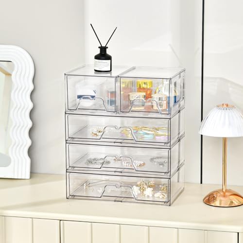 Stackable Clear Acrylic Makeup Organizer Drawers - 2 Middle + 2 Wide