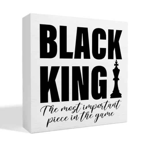 Black King Decor Wooden Box Sign, Inspirational African American Men Desk Decoration Afro Boy Black Men Home Office Bedroom Living Room Decor, Black King Gifts for Men, White