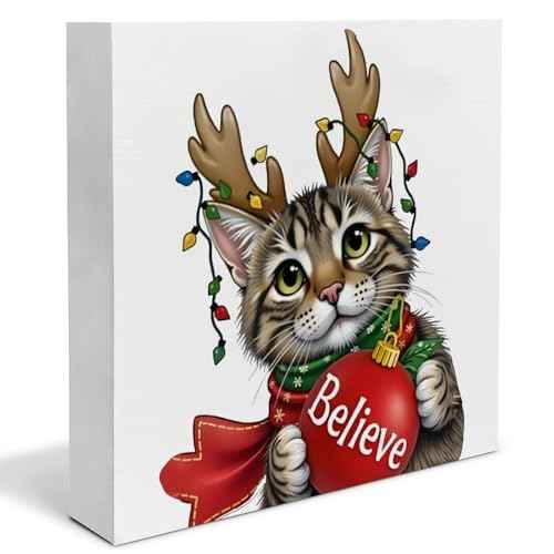 Cat Christmas Wood Box Sign Decor Xmas Cat Block Sign Christmas Holiday Home Table Desk Shelf Decoration