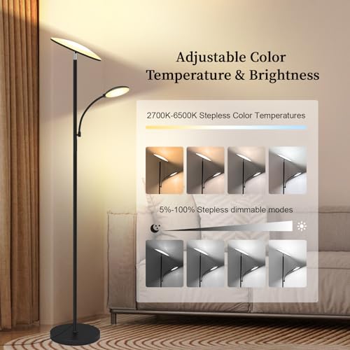Black LED Floor Lamp 42W 4500LM Stepless Dimmable with Reading Light & Remote