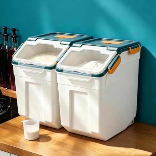 Blue 2 Pack Large Food Storage Containers 25 lb Airtight Flour and Grain Bins with Wheels