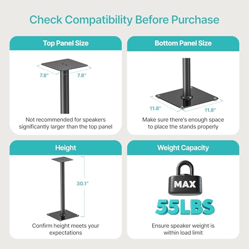 Speaker Stands Pair - 30 Inch Fixed Height, 55 lbs Capacity, Tempered Glass Base