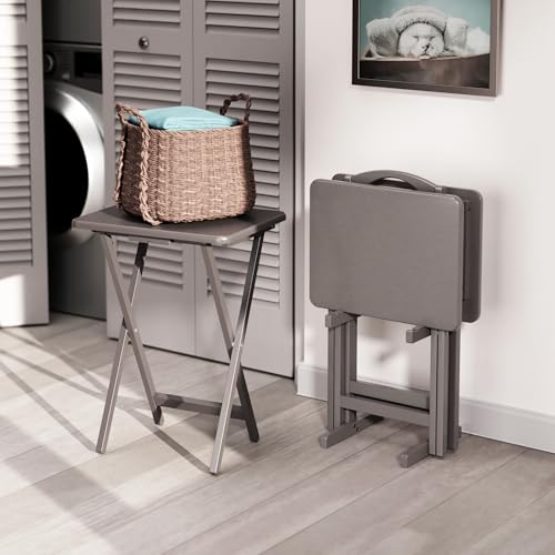 Winsome Alex Set of 4 Foldable Snack Tables with Storage Rack - Oyster Gray