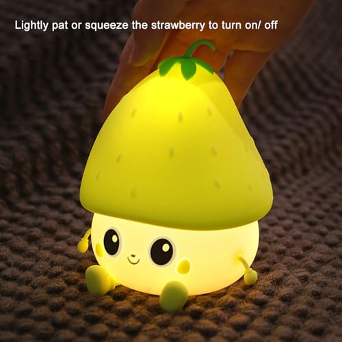 Green Strawberry Night Light, Cute Fruit Night Lamp for Kids Bedroom USB Rechargeable Lamps 2 Brightness Levels, Nursery Bedside Delay-Off Nightlight for Baby Boys Girls Birthday Christmas