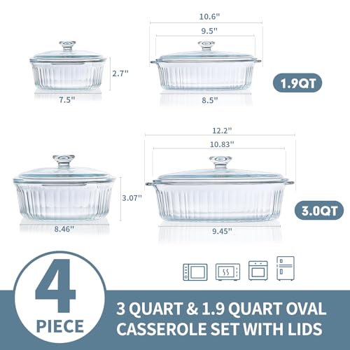 Glass Casserole Baking Dish Set - 1.9 Qt and 3 Qt with Lids, Oval, Borosilicate