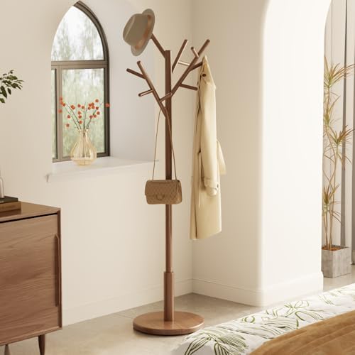 Muwuele Walnut Coat Rack Tree with 12 Hooks, Adjustable Height Freestanding Organizer