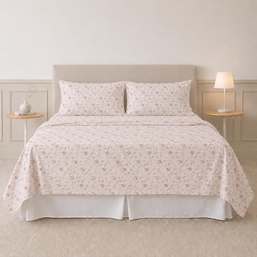 Queen Microfiber Bed Sheets Set - Floral Rose Pattern, Wrinkle-Free, Deep Pockets