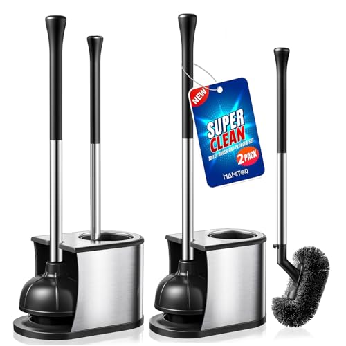 Toilet Plunger and Brush Set with Stainless Steel Handle - 2 Pack