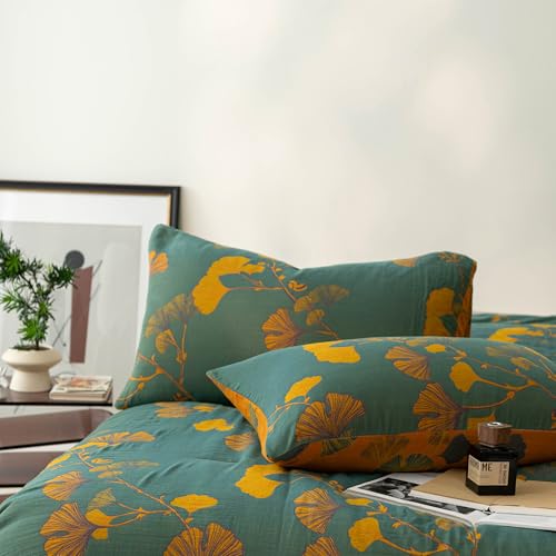 Reversible Cotton Jacquard Comforter Set - Floral Ginkgo Leaves Print, King, Green Yellow