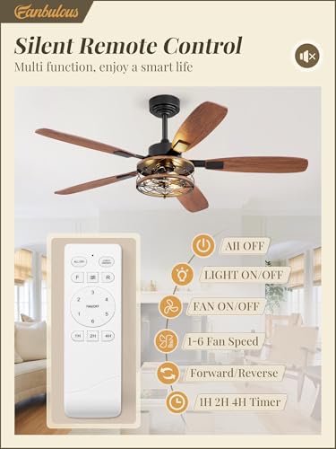 Fanbulous Black 52 Inch Farmhouse Ceiling Fan with Light & Remote – Reversible 6-Speed Industrial Flush Mount with Dual Finish 5 Blades