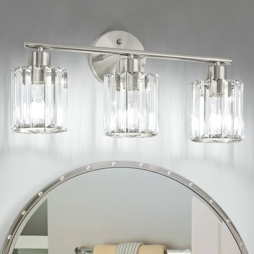 Kvhiiw Modern Brushed Nickel Crystal Bathroom Light Fixture - 3-Light, Up/Down Mounting