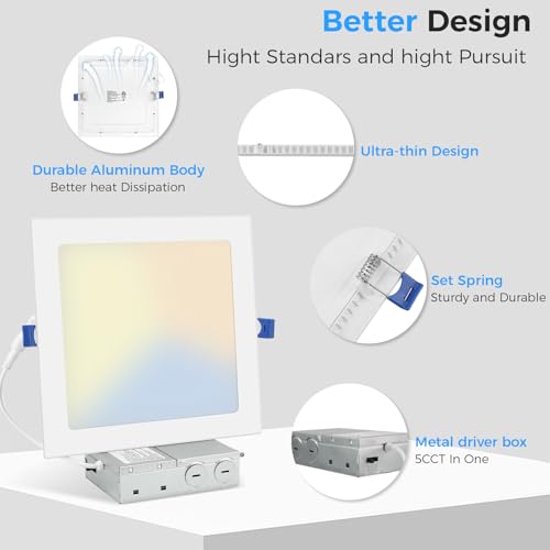 White 12 Inch Square LED Recessed Lighting Kit - 24W, 5 CCT, Ultra-Thin, Dimmable