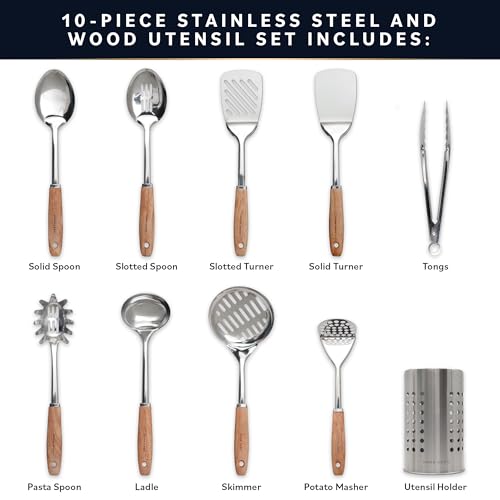 10-Piece Stainless Steel Kitchen Utensil Set with Wooden Handles - Home Hero