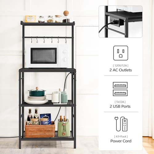22.4 Inch Black Bakers Rack with Power Outlet, Kitchen Storage Shelf with Hooks