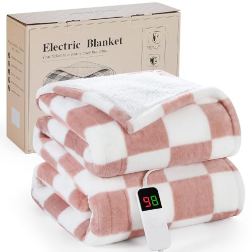 Pink Heated Blanket Throw 50x60 Light Pink Electric Plaid Blanket