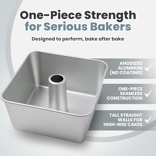 Silver One-Piece Square Tube Cake Pan - 18 Cup, Anodized Aluminum, 9x9x4.5 in, Seamless Design