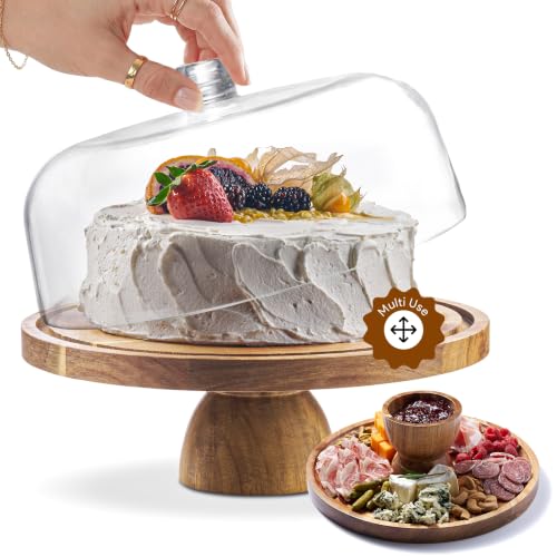 HOMESPHERE Wood Cake Stand with Lid - Round Classic Dome, 12-Inch 2-in-1 Charcuterie & Dessert Platter