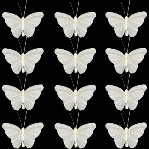 12PCS Artificial White Feather 3D Butterfly On Clip 4.9-Inch Realistic Butterflies for Spring Wreaths Crafts Christmas Tree Decorations Wedding Bouquets Decor (White)