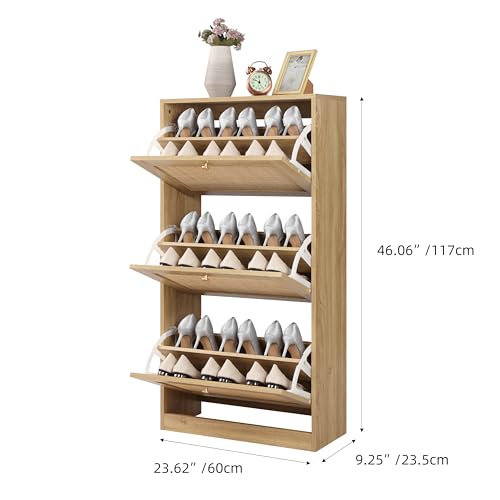 Natural Rattan 3-Tier Shoe Cabinet with Flip Drawers & Large Top Storage
