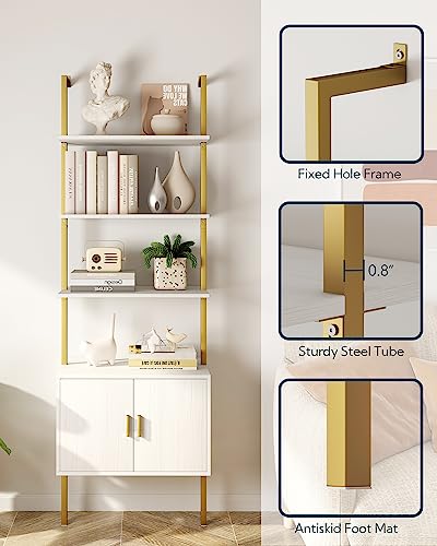 Wall Mount Ladder Bookshelf with Cabinet - 73" Tall White Gold Industrial Wall Shelf