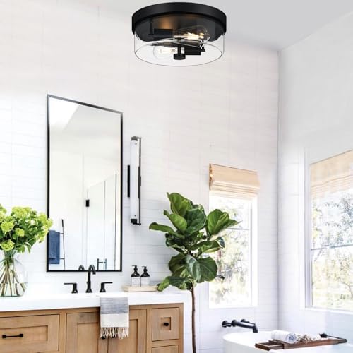 Matte Black 2-Light Farmhouse Flush Mount Ceiling Light with Clear Glass Shade