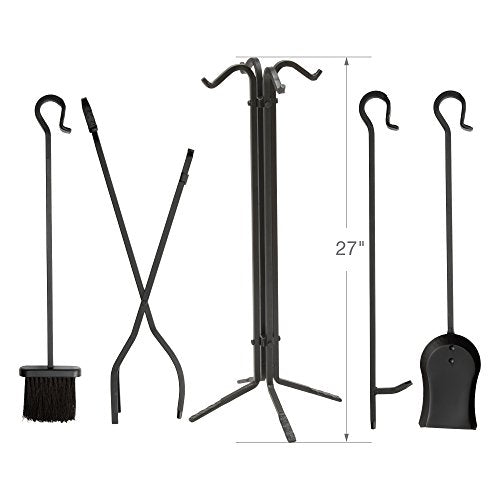 UniFlame Black Wrought Iron Fireplace Tools Set - 5-Piece Fire Tool Kit with Stand