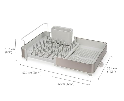 Joseph Joseph Light Stone 1-Tier Expandable Stainless Steel Dish Drying Rack with Removable Cutlery Holder