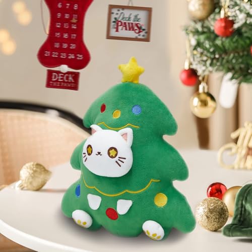 Christmas Tree Cat Stuffed Animals, 12-Inch Cute Cat Plush Pillow Kitten Toy Kawaii Plushie Soft Toy Gift for Birthday Valentine