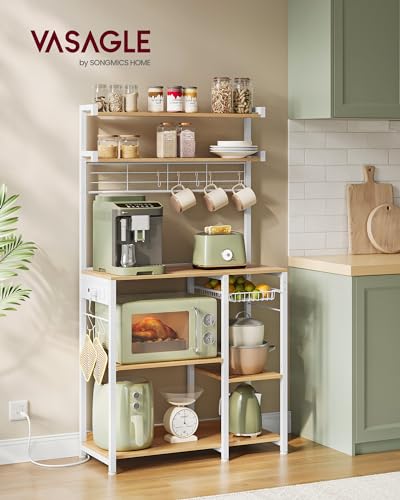 VASAGLE Kitchen Baker's Rack with Power Outlet, 35.4W x 65.2H, Golden Oak + Cloud White