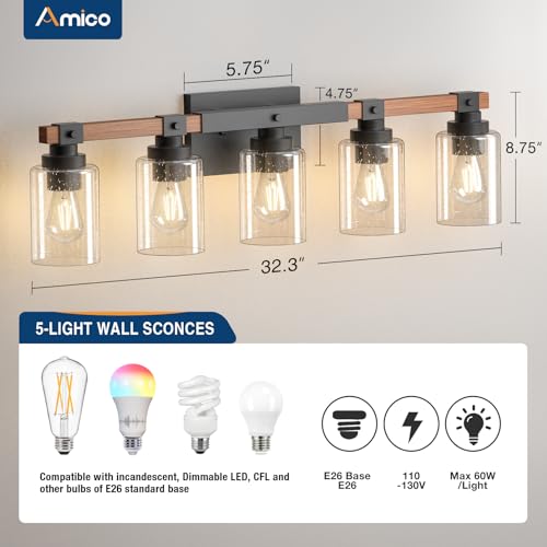 Amico 5-Light Farmhouse Bathroom Vanity Light with Seeded Glass & Black Wood Finish - Rustic Decor